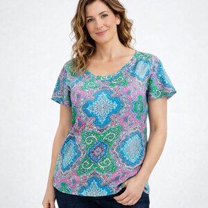 Talbots Womens Large Paisley Print Top Criss Cross Back Short Flutter Sleeve